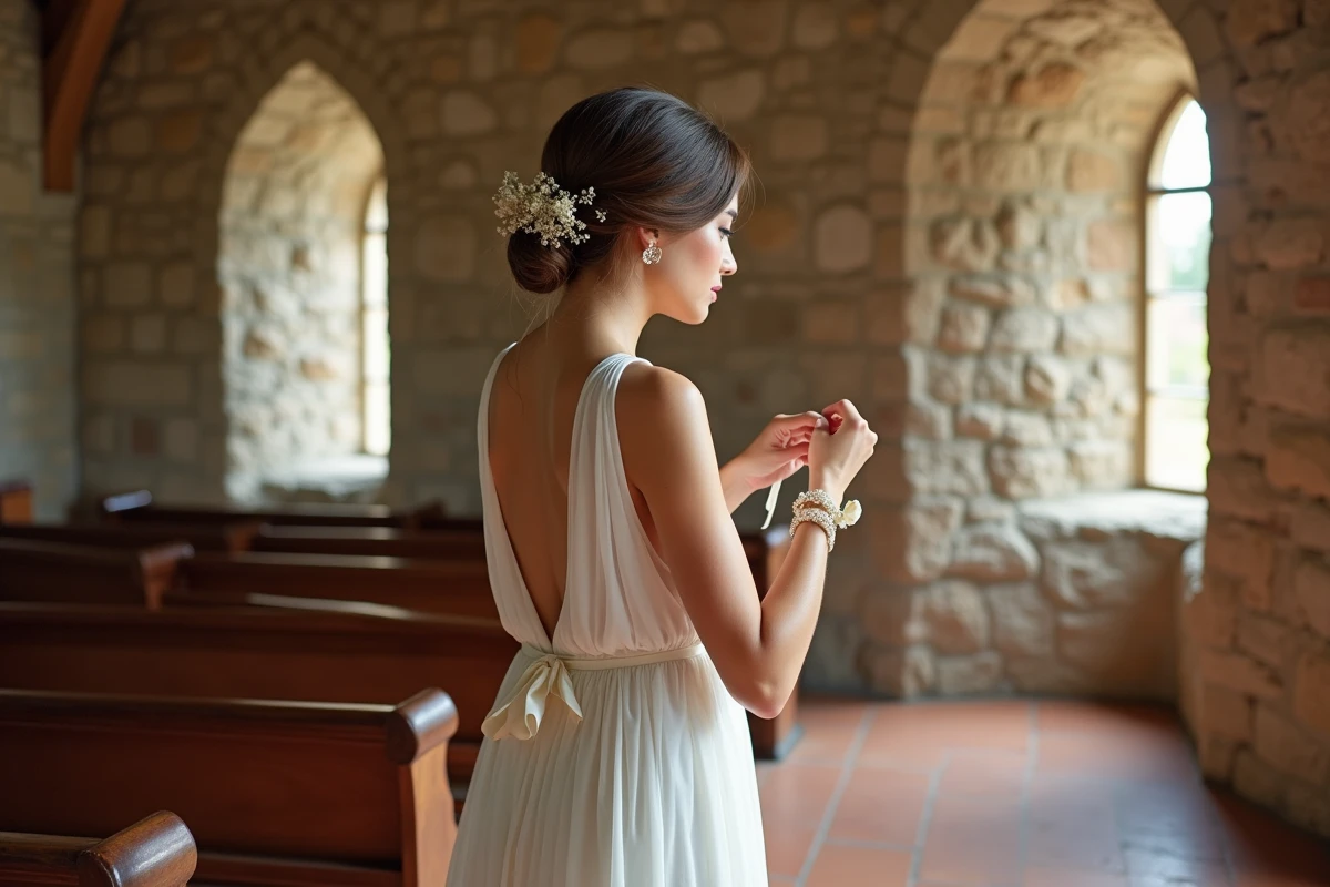 Mariée en robe de mariée en mousseline de soie épinglant une barrette florale dans une chapelle en pierre historique avec accessoires minimalistes