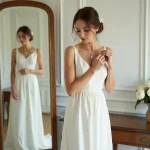 Mariée en robe ivoire minimaliste ajustant un collier en or délicat devant un miroir ancien dans un salon d'essayage élégant