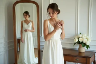Mariée en robe ivoire minimaliste ajustant un collier en or délicat devant un miroir ancien dans un salon d'essayage élégant