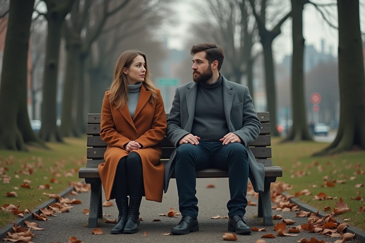 Couple assis sur un banc dans un parc en automne, illustration sobre et réaliste évoquant la vie amoureuse d'Alicia Dauby