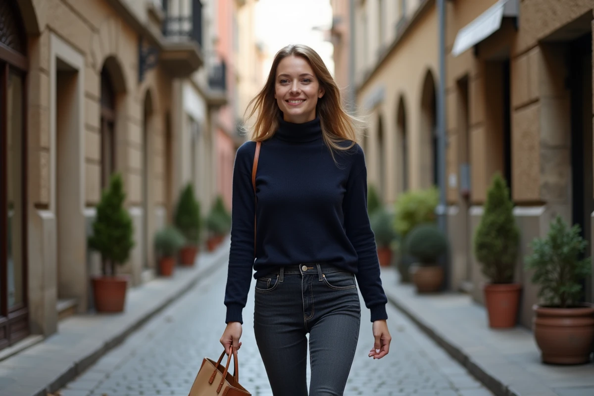 Femme marchant dans une rue pavée européenne, image illustrant la discrétion autour de la vie de couple d'Alicia Dauby
