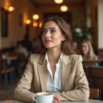 Jeune femme élégante dans un café parisien, illustrant un article sur la vie privée d'Alicia Dauby