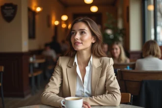 Jeune femme élégante dans un café parisien, illustrant un article sur la vie privée d'Alicia Dauby