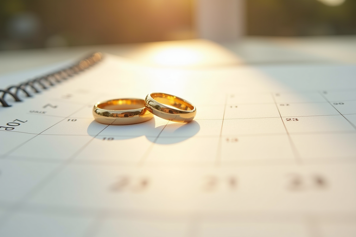 Alliances dorées sur calendrier avec date de mariage marquée