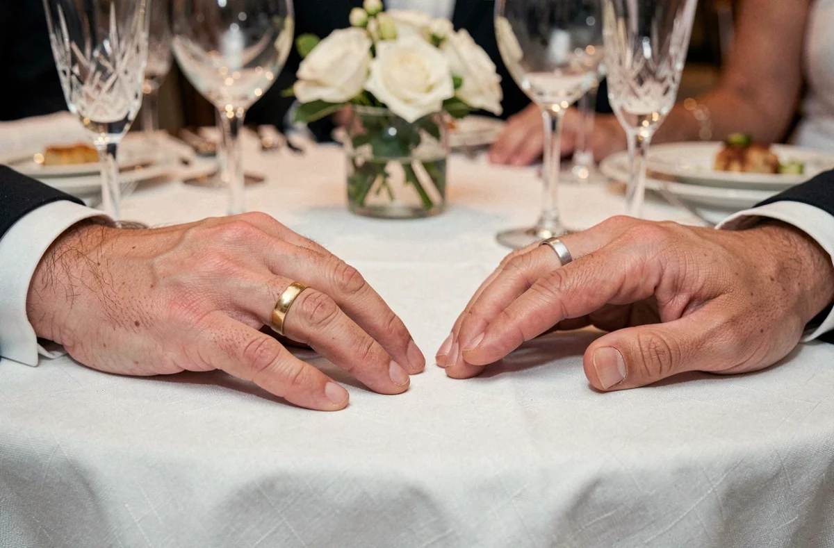 Gros plan sur deux alliances portées par des hommes lors d'un mariage, symbole d'union et de rumeurs autour du couple