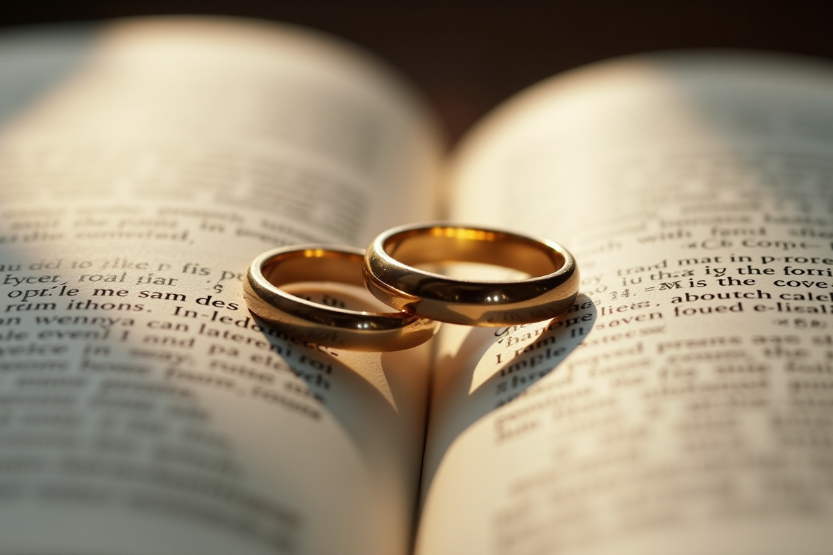 Alliances de mariage sur un livre ouvert en lumière naturelle