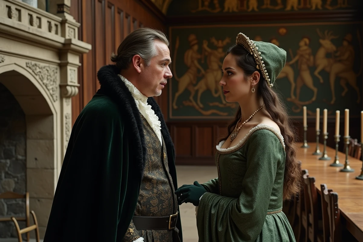 Deux personnages en costumes Tudor conversant discrètement près d'une cheminée en pierre dans une grande salle historique, symbolisant les alliances secrètes à la cour d'Henri VIII