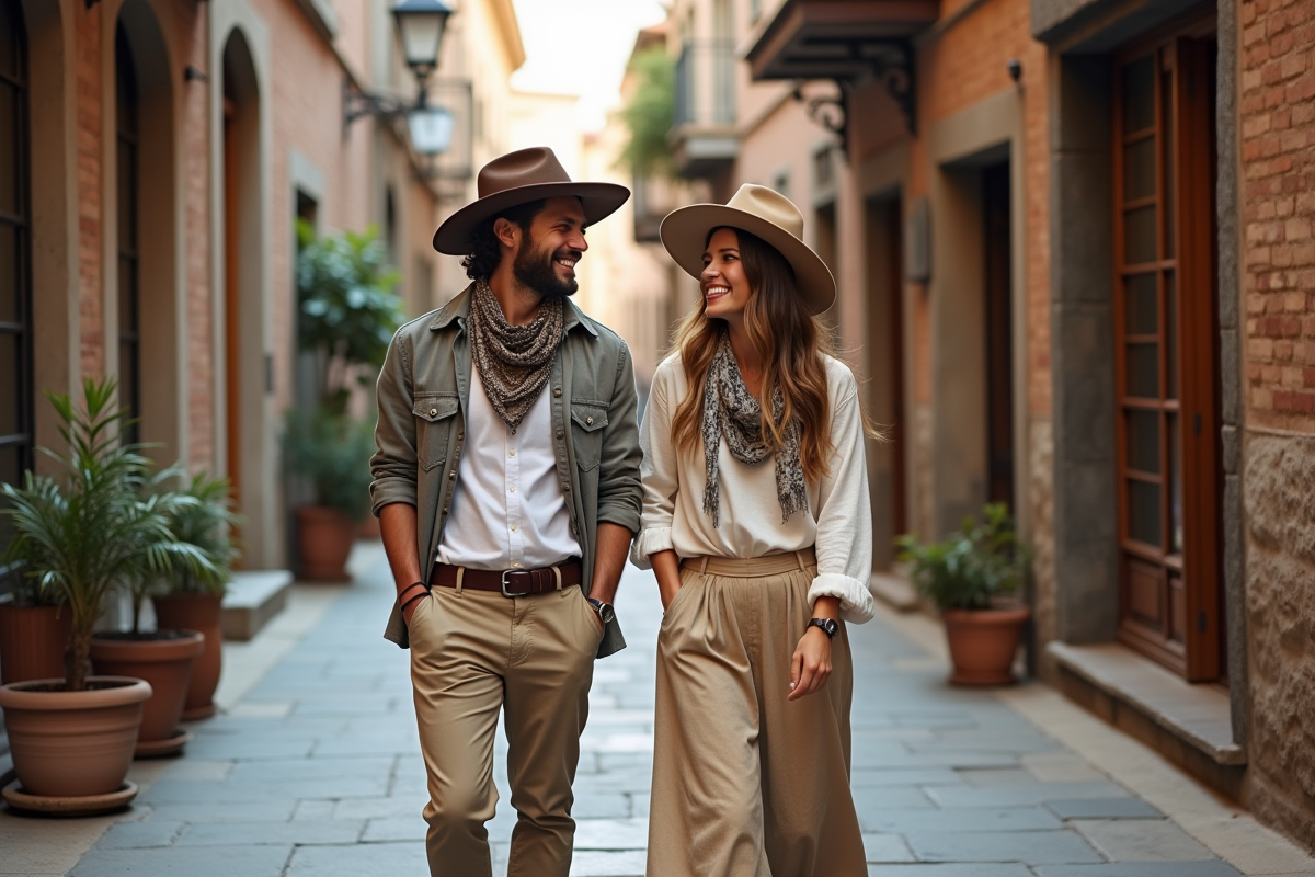 Deux amis en tenue boho dans une rue pavée charmante