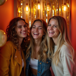 Groupe d'amis riant dans un photobooth coloré