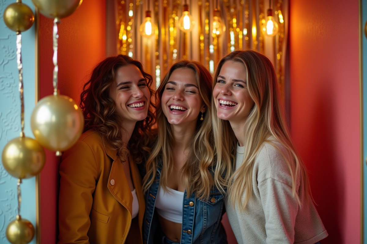 Groupe d'amis riant dans un photobooth coloré