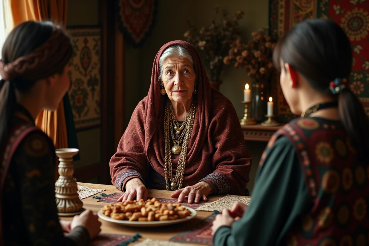 Ancienne femme romani présidant une négociation de mariage gitane avec un jeune couple autour d'une table ornée dans un intérieur traditionnel