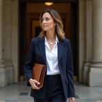 Anne-Charlène Bezzina lors d'une apparition publique devant une institution parisienne, portant un blazer marine et un portfolio en cuir