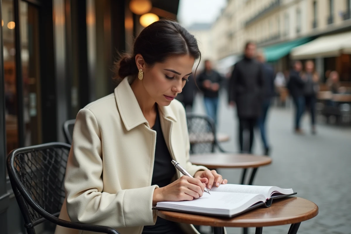 Femme élégante assise à une terrasse parisienne prenant des notes dans un carnet, représentant la vie privée discrète d'une personnalité publique