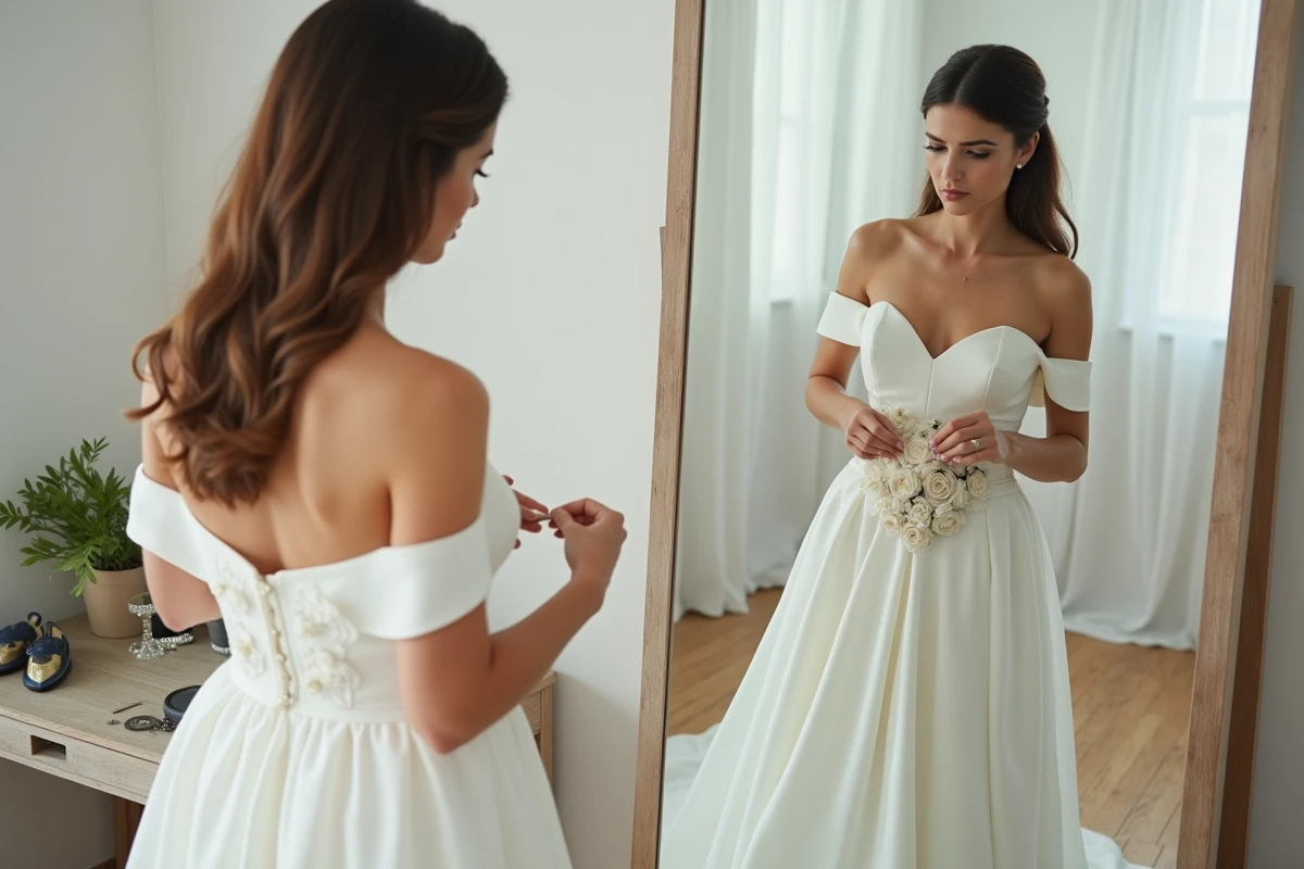 Femme épinglant des appliqués floraux en tissu sur une robe de mariée blanche devant un miroir en pied dans une chambre lumineuse