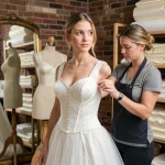 Couturière ajustant une robe de mariée sur mesure dans un atelier de couture avec tissu ivoire épinglé et formes de mannequins en bois