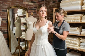 Couturière ajustant une robe de mariée sur mesure dans un atelier de couture avec tissu ivoire épinglé et formes de mannequins en bois