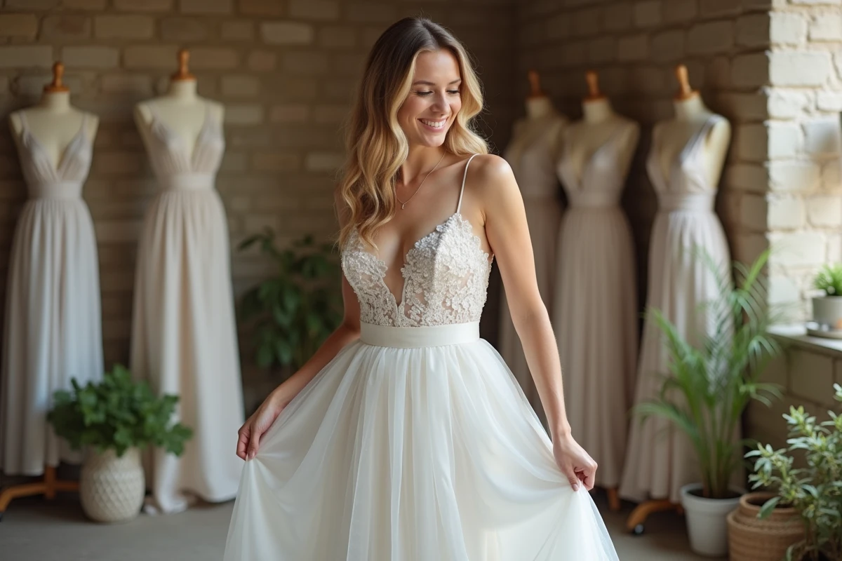 Jeune femme ajustant sa robe de mariage dans un atelier