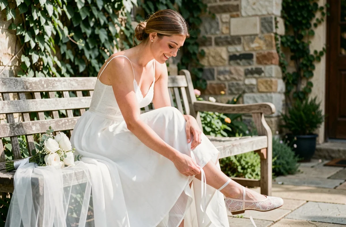 Mariée en robe blanche lacant ses ballerines en dentelle dans un jardin de mariage rustique