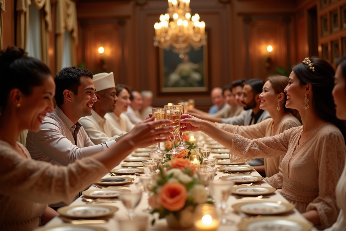 Banquet de mariage multiculturel avec invités souriants