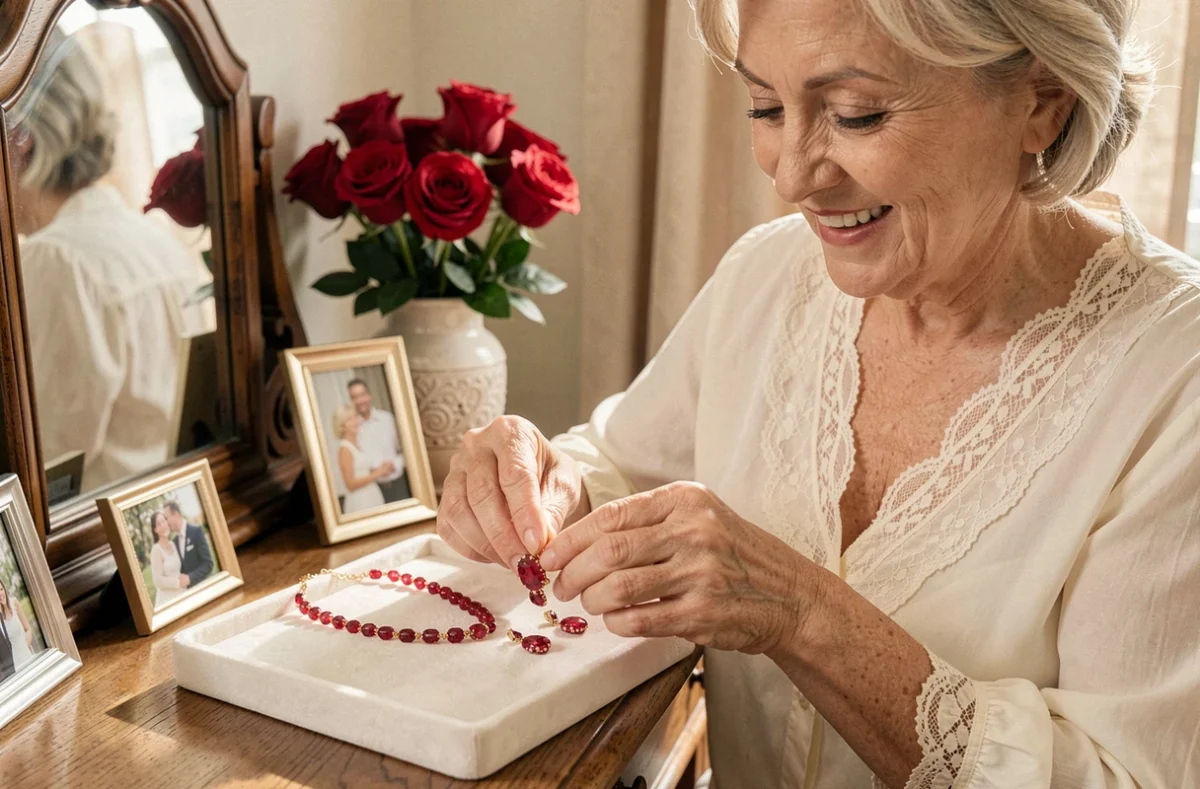 Femme arrangeant des bijoux en rubis pour célébrer ses 35 ans de mariage, noces de rubis, sur un plateau en velours blanc
