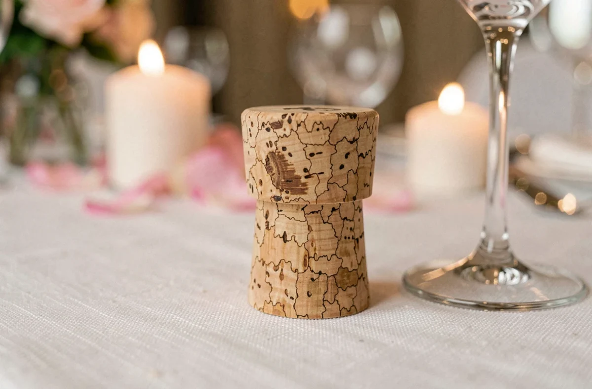 Bouchon de bouteille de vin en liège posé sur une nappe blanche de réception de mariage