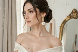 Mariée moderne portant une grande boucle d'oreille statement en perle et or, gros plan portrait élégant en atelier parisien