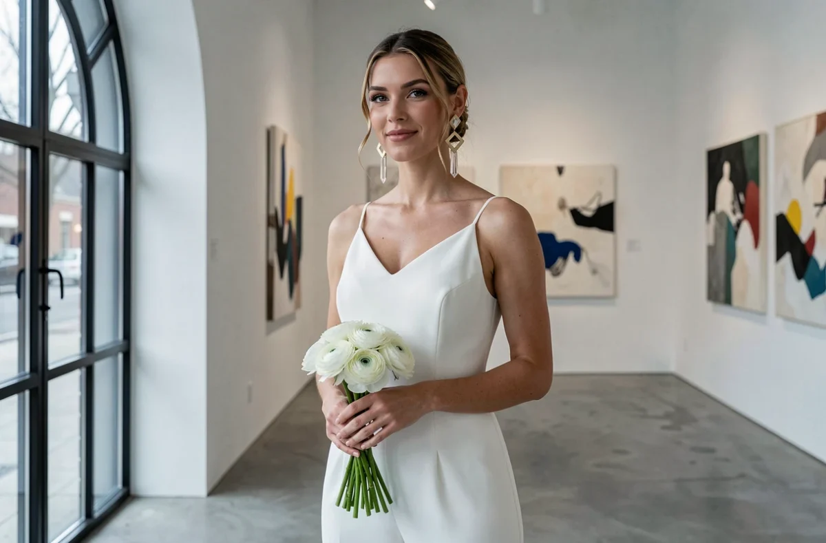 Femme en combinaison de mariée moderne portant des boucles d'oreilles chandelier géométriques en or brossé dans une galerie d'art contemporaine