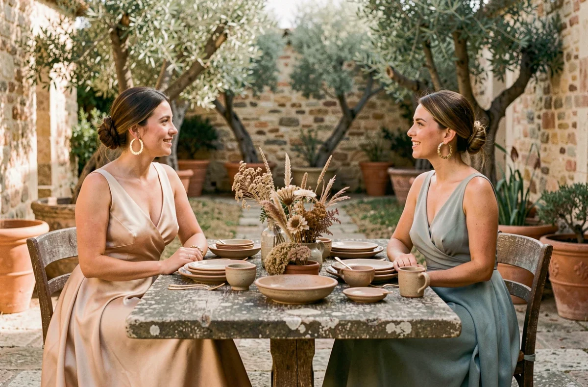 Deux femmes portant de grandes boucles d'oreilles créoles en or martelé lors d'une réception de mariage champêtre en Provence