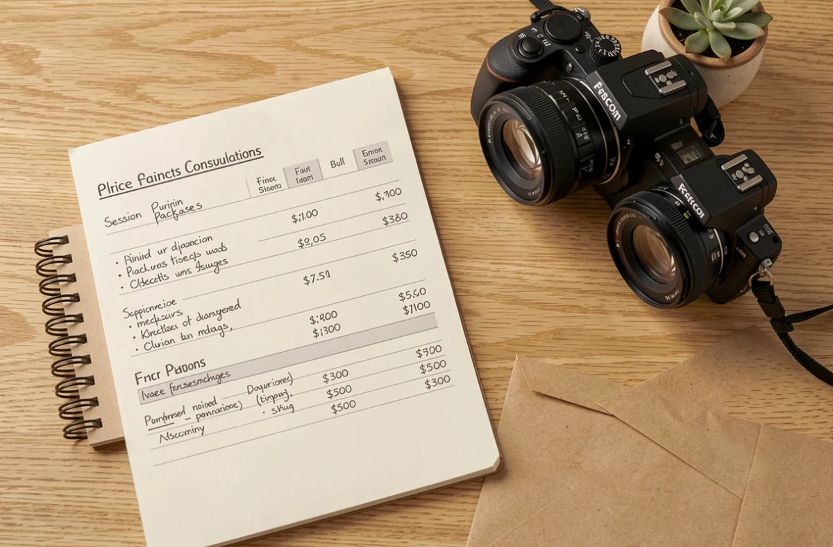 Bureau de photographe avec tarifs, carnet de devis et appareil photo pour illustrer le budget d'une séance bébé