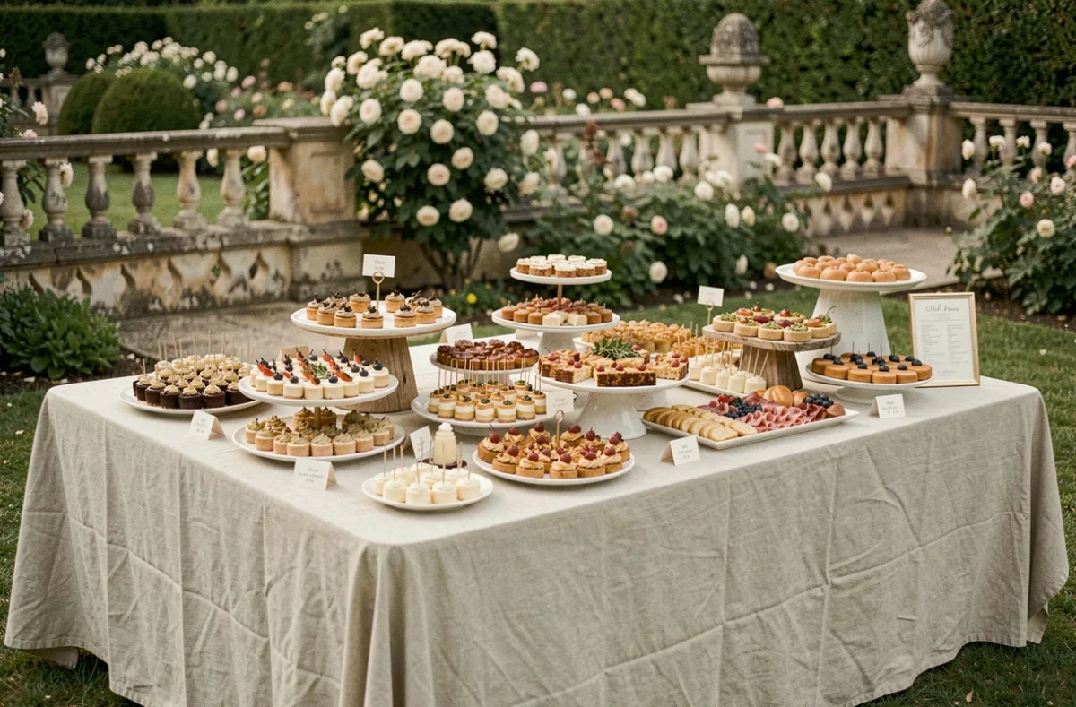 Table de buffet mariage avec cartons de prix et menus détaillés dans un jardin de domaine
