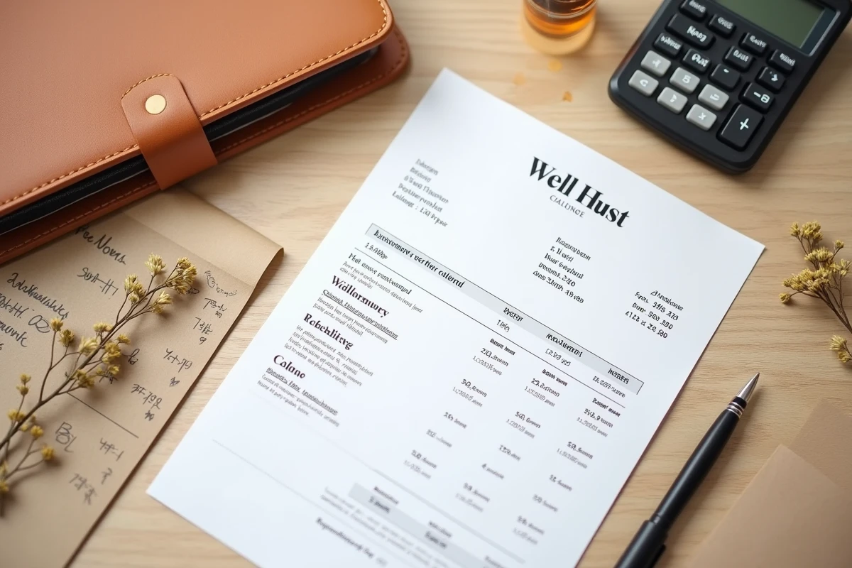 Vue aérienne du bureau d'un wedding planner avec facture détaillée, calculatrice et notes de budget pour un mariage