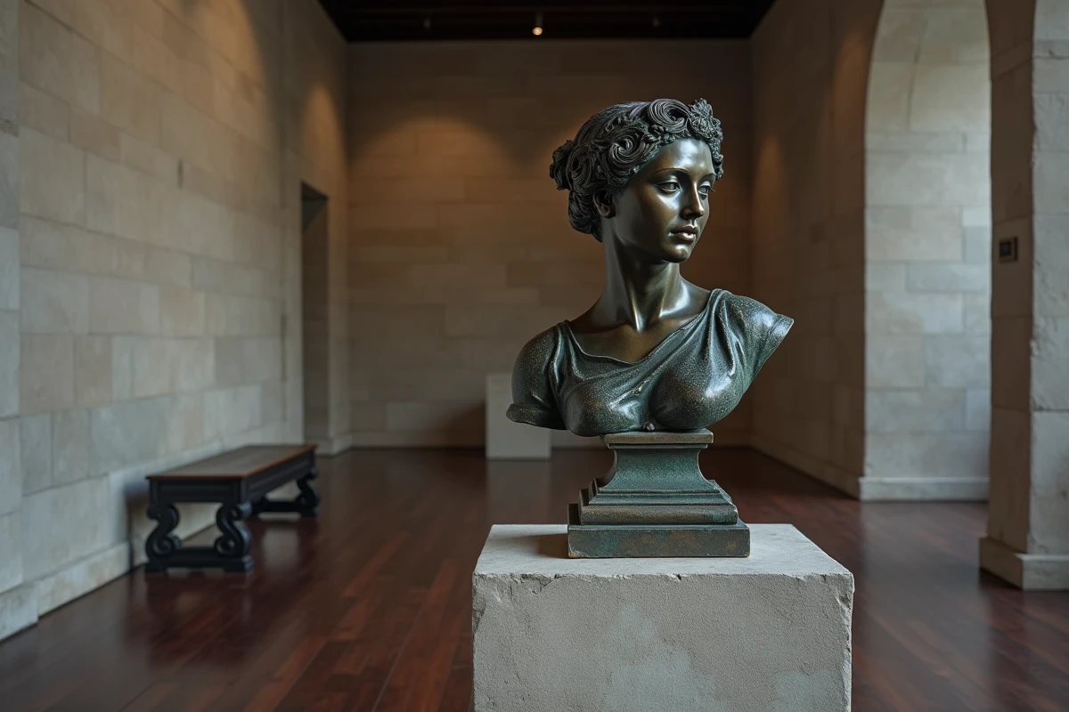 Buste de sculpture en bronze d'une déesse grecque couronnée dans une galerie muséale, évoquant la puissance et la dignité d'Héra