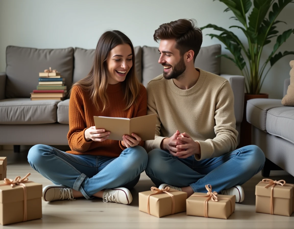 Couple hétérosexuel découvrant des cadeaux de PACS faits maison et peu coûteux dans leur salon