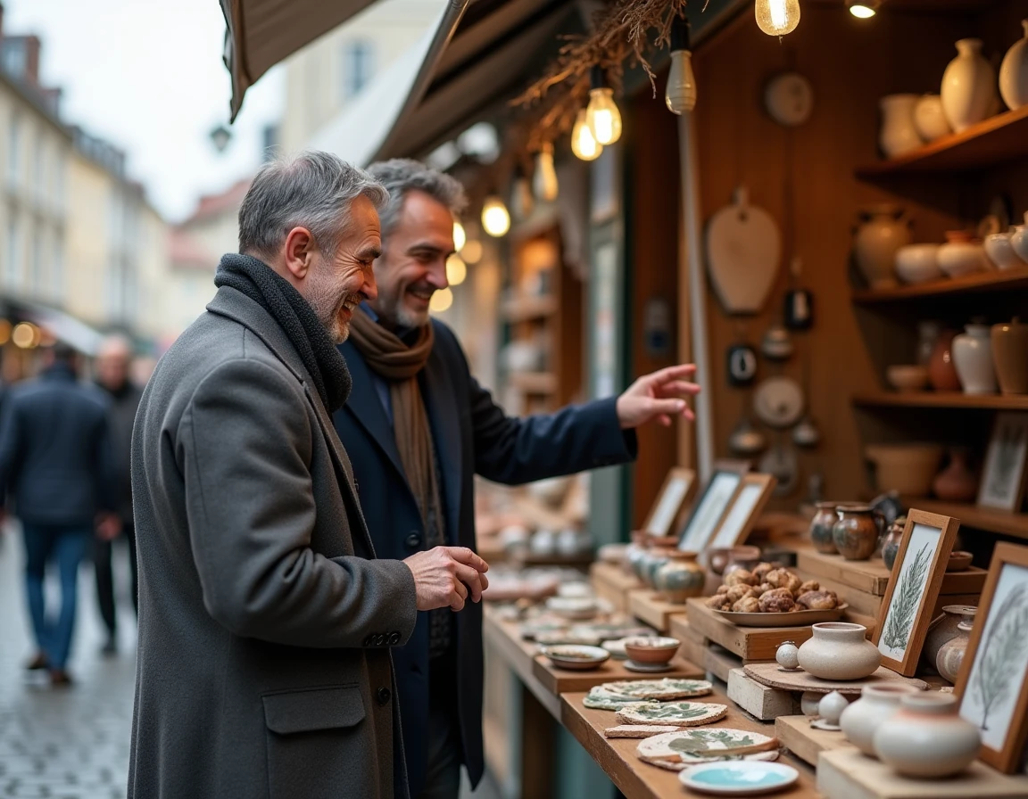 Deux hommes choisissant ensemble un cadeau artisanal abordable sur un marché pour célébrer leur PACS