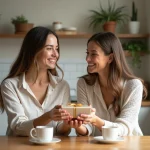 Deux femmes échangeant un cadeau de PACS fait maison autour d'une table de cuisine chaleureuse