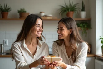 Deux femmes échangeant un cadeau de PACS fait maison autour d'une table de cuisine chaleureuse