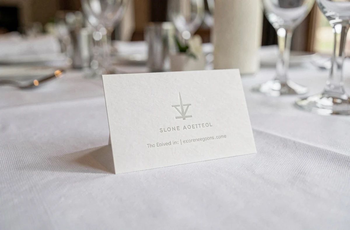 Carte de visite élégante posée sur une nappe blanche de table lors d'une réception de mariage