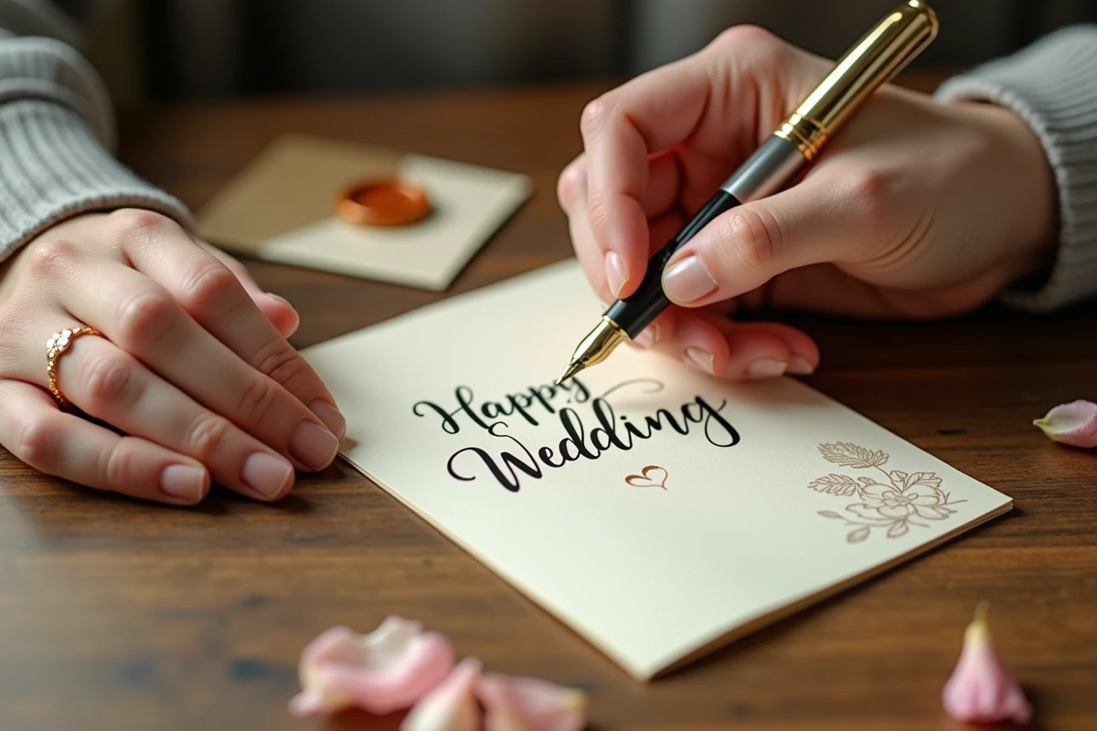 Mains écrivant des mots de félicitations sur une carte de mariage civil avec stylo plume et pétales de roses