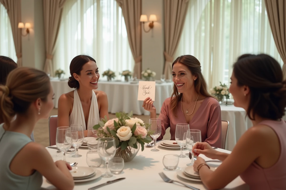 Invités lisant une carte de remerciements de mariage autour d'une table lors de la réception