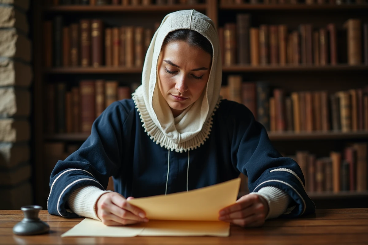 Femme Tudor en coiffe blanche lisant un parchemin à un bureau en chêne dans une étude historique, illustrant la vie intellectuelle et la survie de Catherine Parr à la cour