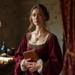 Femme en robe Tudor brodée d'or tenant un manuscrit dans une chambre en pierre d'un palais Renaissance, évoquant Catherine Parr à la cour des Tudors