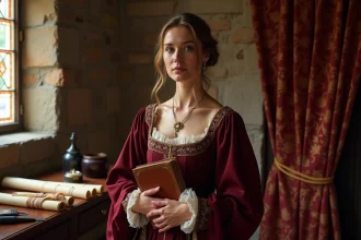 Femme en robe Tudor brodée d'or tenant un manuscrit dans une chambre en pierre d'un palais Renaissance, évoquant Catherine Parr à la cour des Tudors