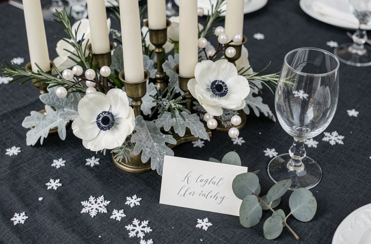 Centre de table mariage hivernal avec bougies, fleurs blanches et décorations givrées pour une atmosphère féerique