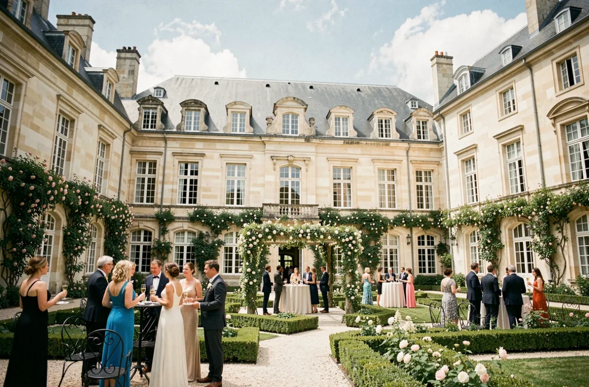 Château de Granoupiac avec façade historique en pierre, jardin à la française et cocktail de mariage en extérieur