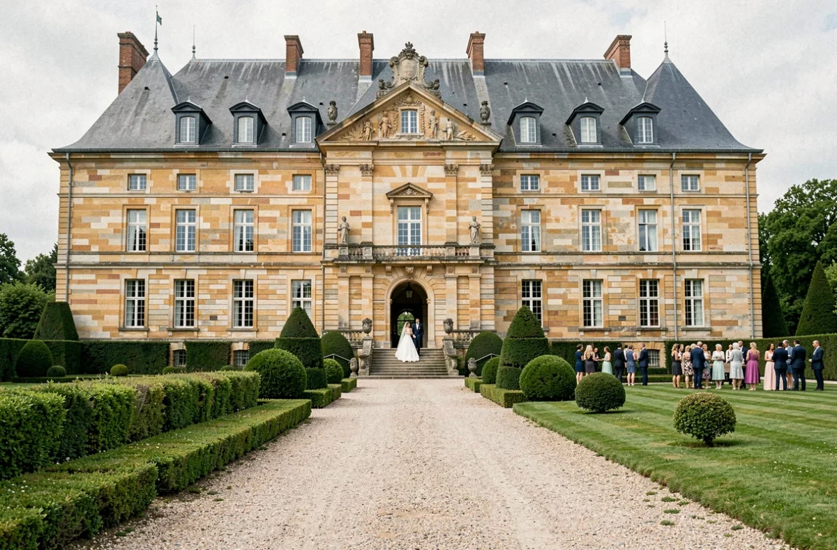 Façade extérieure du Château de Morey en Moselle avec jardin à la française et couple de mariés