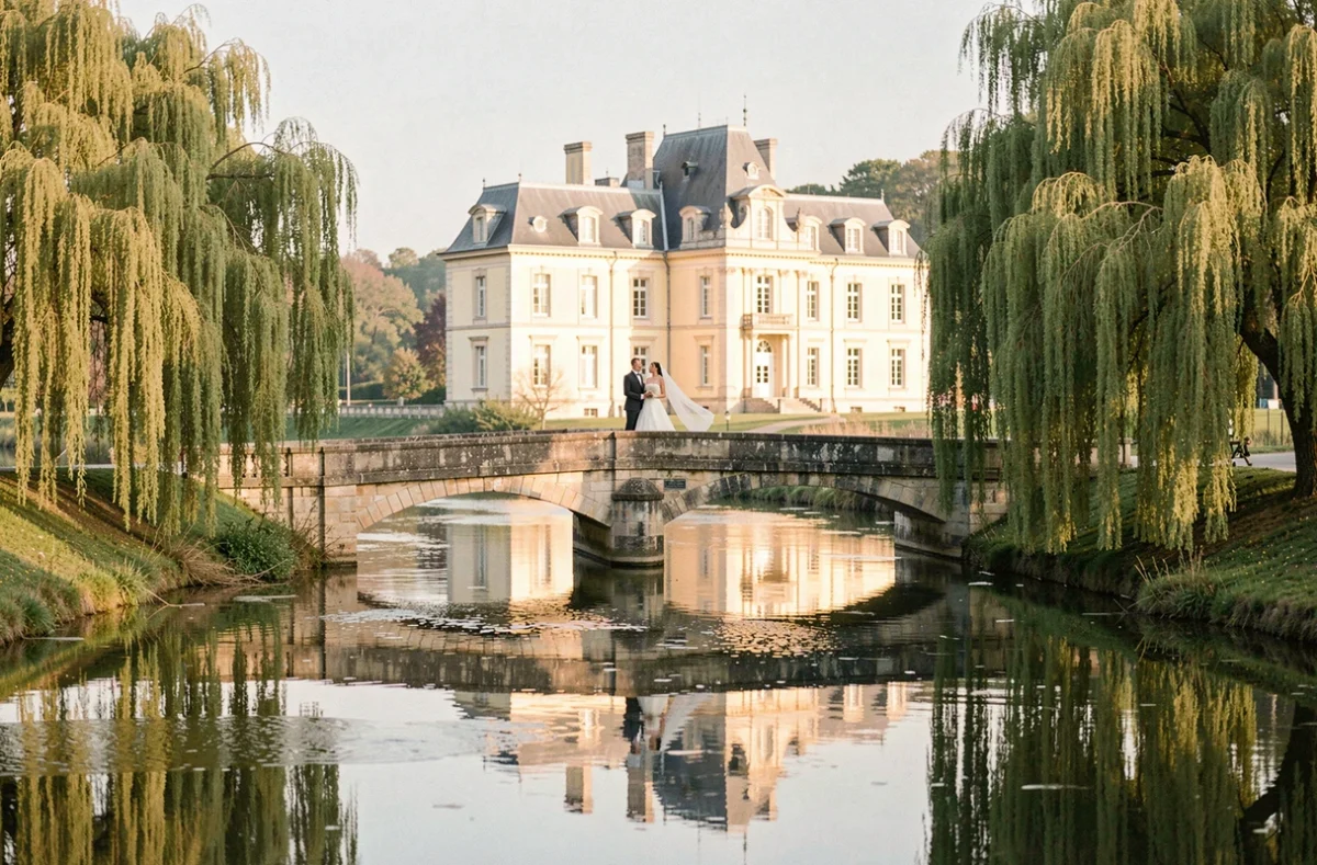 Le Château de Pange en Moselle reflété dans la rivière Nied avec un couple de mariés sur le pont