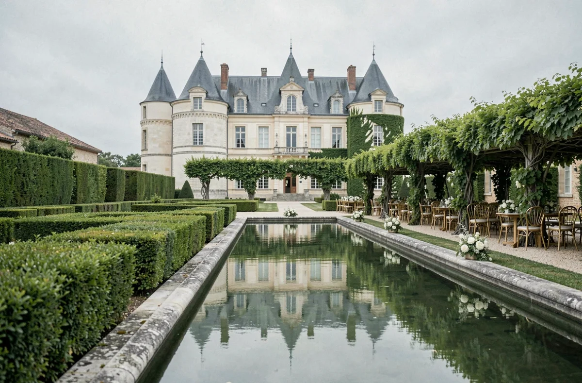 Château de Raissac près de Béziers avec jardin à la française, plan d'eau réfléchissant et préparatifs de cérémonie de mariage