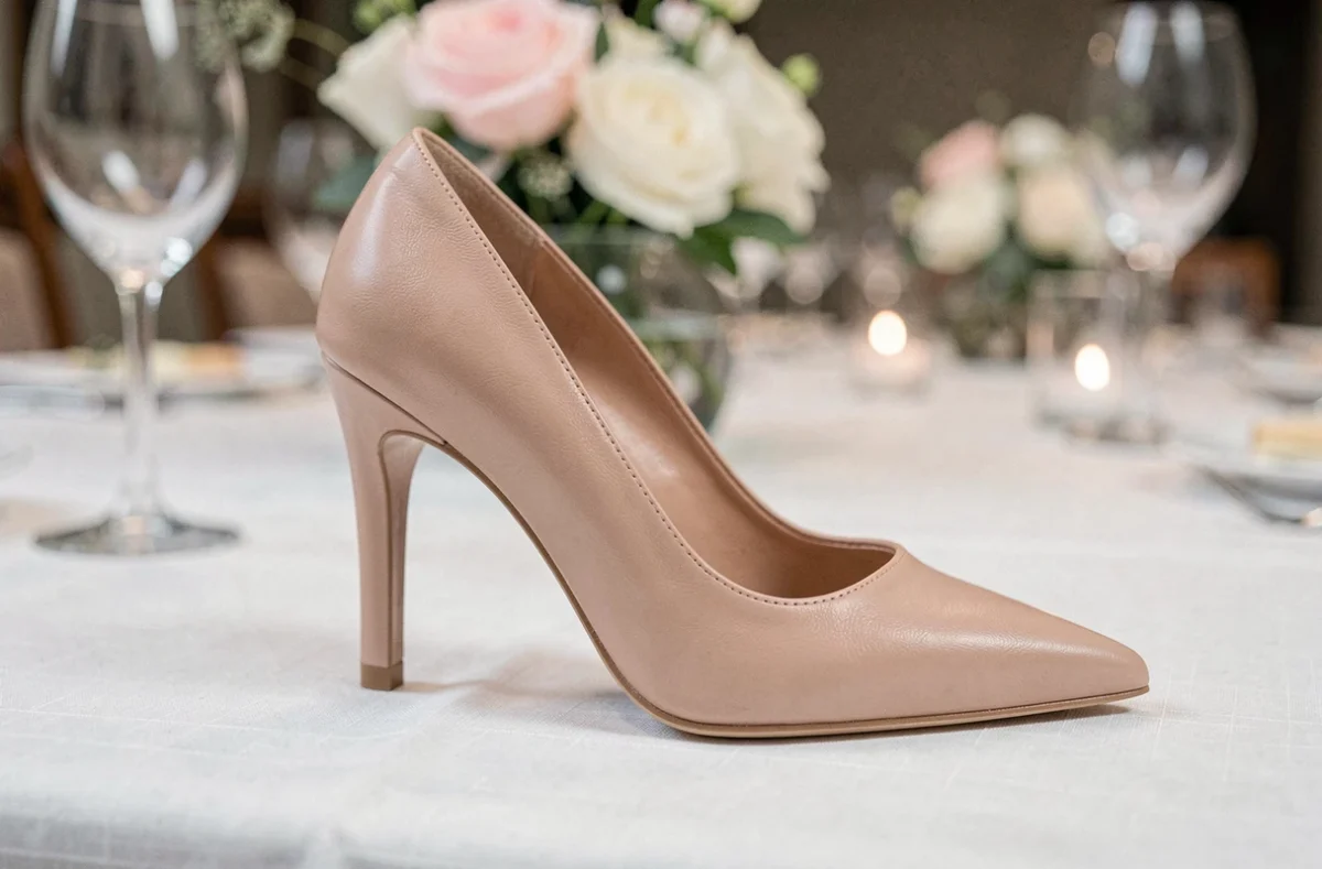 Chaussure à talon élégante posée sur une nappe blanche lors d'une réception de mariage