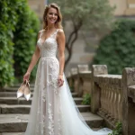 Mariée tenant ses chaussures blanches en satin dans une cour de château en pierre, robe en dentelle, ambiance romantique et naturelle