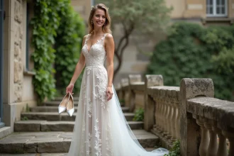 Mariée tenant ses chaussures blanches en satin dans une cour de château en pierre, robe en dentelle, ambiance romantique et naturelle